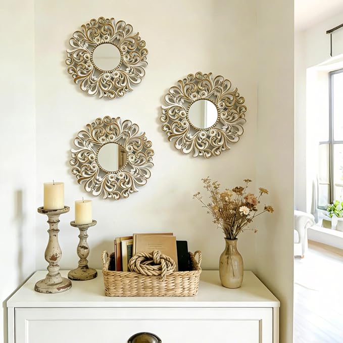 DXYAKY 3 Pack Floral Ornate Decorative Wall Mirror - Elegant White with Gold Accents, 9.8" Plastic Round Mirror Set, Lightweight Wall Art Décor for Bedroom, Bathroom, Living Room & Entryway - Image 3