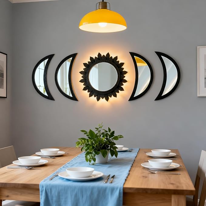 5 Pieces Moon Phase Mirror Wall-Mounted Wall Decor Mirrors Natural Wooden Sunburst Bohemian Wall Art for Home Living Room Bedroom Decoration - Image 2