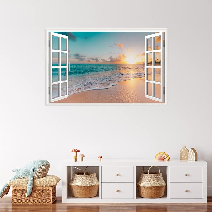 Sea Beach Wall Sticker Sunset Seascape Fake Window Wall Stickers Tropical Sandy Beach Faux Window Wall Decal Removable Ocean Landscape Window View Wall Mural for Living Room - Image 3