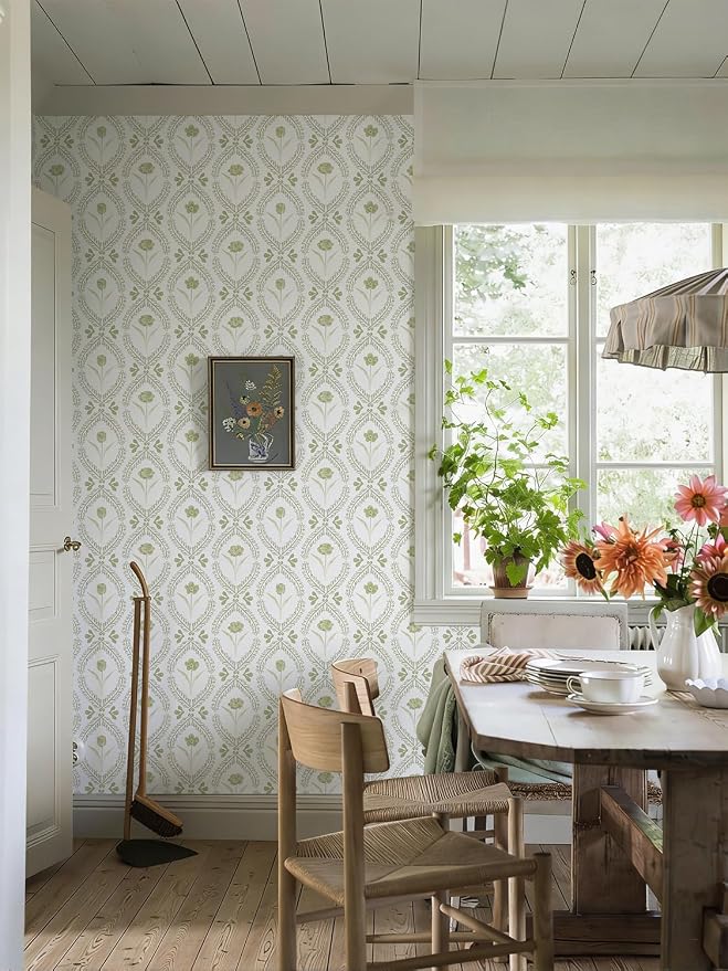 Orainege Peel and Stick Wallpaper Floral Vintage Wallpaper Self Adhesive | 16.9in x118.1in Removable Beige and Green Floral Wallpapers for Living Room Bathroom Shelf Vinyl Roll Decor - Image 3