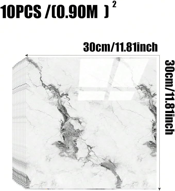 Chejiaye 10pcs Marble Peel and Stick Backsplash Waterproof Washroom Wall Panels, Peel and Stick Tile, PVC Foam Wall Panels for Kitchen,Bathroom,Living Room,White Grey(Not Real Tile,11.8" x 11.8") - Image 4
