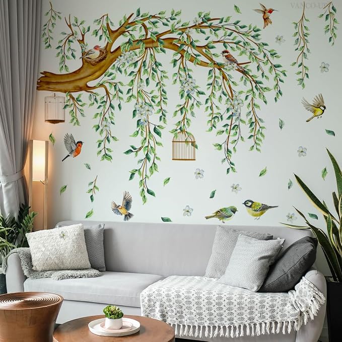 Large Tree Branch Wall Decals Hanging Green Vine Leaves Birds Nest Wall Art Stickers Spring Blossom Flower Tree Home Decor Murals for Living Room Bedroom Tv Background Decor - Image 4