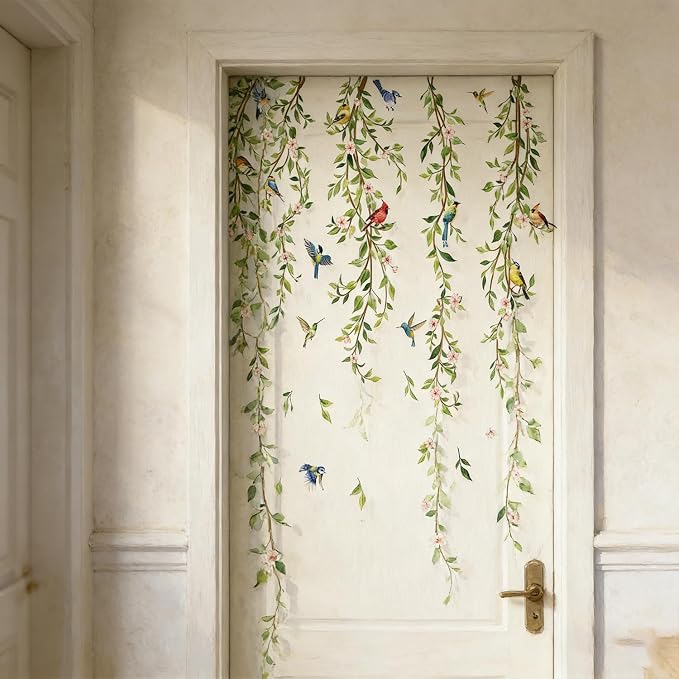 Green Leaf Vine Wall Decals, Hanging Plant Wall Stickers Birds | Floral Nature Decal Peel and Stick Mural for Bedroom Living Room Office TV Shower Door Home Decor - Image 6