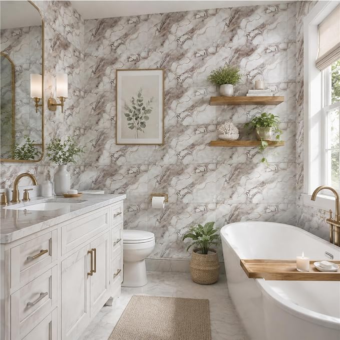 50Pcs Marble Wall Panels 23.6"X11.8" PVC Waterproof Tiles Peel and Stick Wall Panels Self Adhesive Backsplash Tiles for Kitchen Living Rooms TV Walls Bathroom Rv Camper Van (Not Real Tile) - Image 2