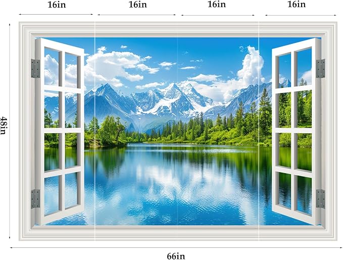 Large Murals 66"x48" Fake Window Wall Mural Sticker Mountain Lake Forest Tree Faux Window Wall Cling Art Picture Office Poster Decals Decor, Stick and Peel Landscape Natural Scenery Scene - Image 4