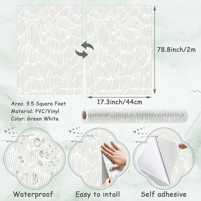 Theper Green Peel and Stick Wallpaper Modern Contact Paper 17.3"×78.8" | Boho Striped Wallpaper Self Adhesive Removable Wall Paper for Bedroom Waterproof Vinyl White and Green Wallpapers - Image 3