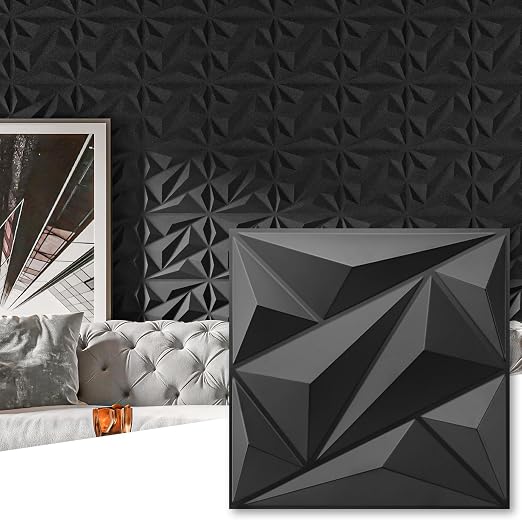 Art3dwallpanels 100 Pack 3D Wall Panels Diamond, Black, 12''x12'' | PVC Accent Wall Panels for Interior Wall Decor, Living Room Lobby Bedroom Hotel Office by Art3dwallpanels