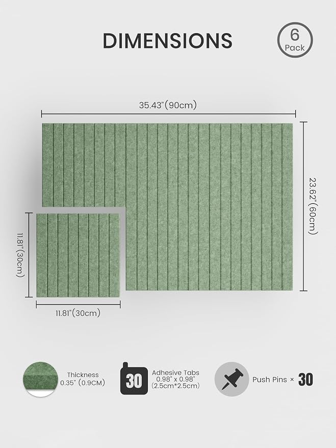 Bumusty 36"x 24" Large Felt Bulletin Board Tiles,Moss Green | 6-Pack Cork Board Alternative, Wall Decor, 30 Pushpins, 30 Adhesive Tabs, Vision Board, Office, Classroom, Home, Dorm - Image 2