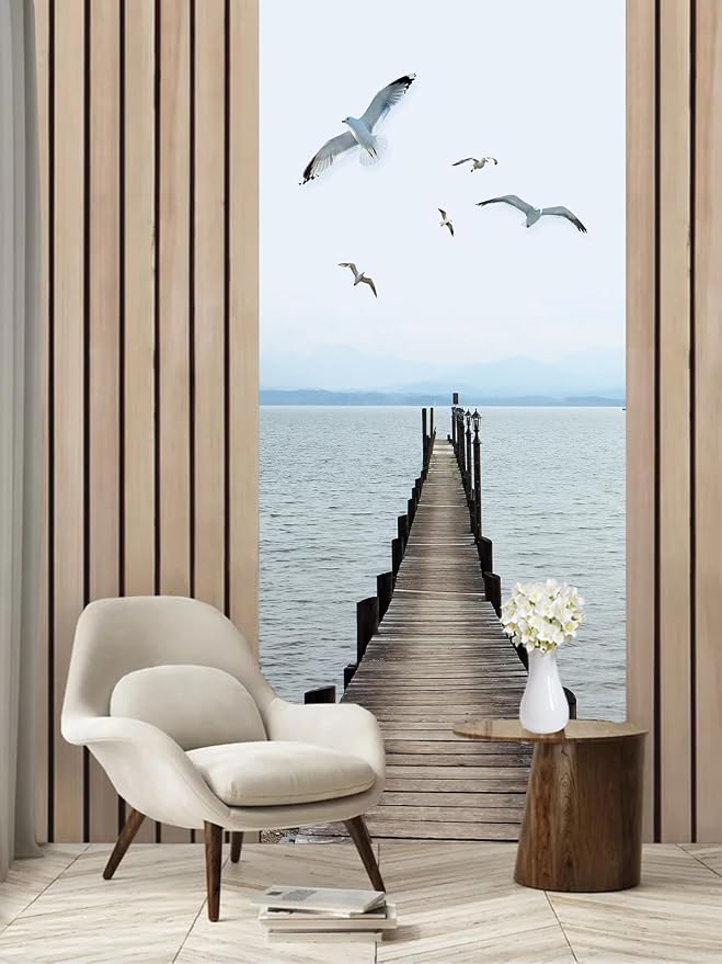 artfanke 3D Peel and Stick Door Sticker 33.5"x84.6"-Self-Adhesive Door Wallpaper Murals Decal-Wood Bridge Birds Wall Poster for Bedroom Home Decor (2 Sheets/Set) - Image 3