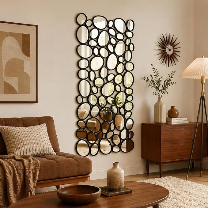 Black Mosaic Wall Mirror, 27.55" x 55" Large Pebble Geometric Decorative Mirror with 71 Irregular Mirror Pieces, Modern Accent Wall Decor for Living Room, Entryway, Bedroom, Hallway - Image 9