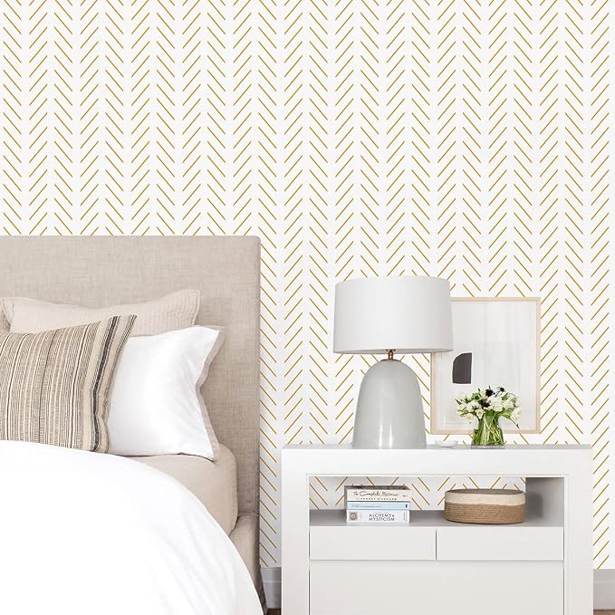 Erfoni Yellow White Peel and Stick Wallpaper Modern Herringbone Wallpaper | 17.7in x 393.7in Geometric Removable Contact Paper Bathroom Peel and Stick Self Adhesive Cabinets Wallpaper Waterproof - Image 2