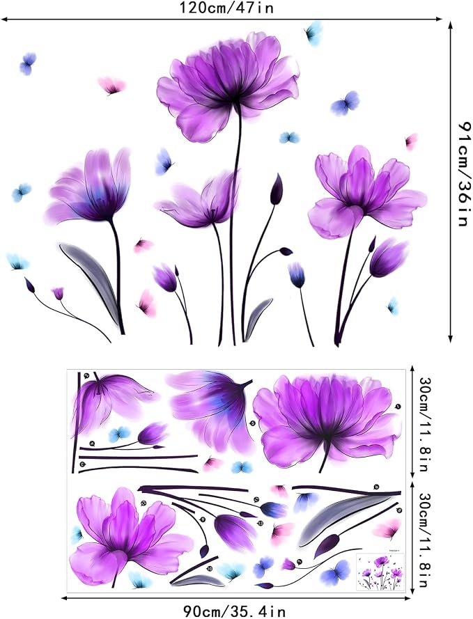 Flowers Wall Sticker Purple Floral Wall Decal Removable Butterfly Wall Stickers Self Adhesive Decal Mural for Nursery Bedroom Kids Room - Image 5