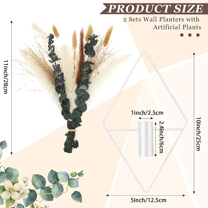 Canlierr 4 Pcs White Wall Decor Hanging Planters with Artificial Plants Eucalyptus Pampas Grass Metal Hanging Vase Indoor Plants Holder Modern Boho Wall Art for Bathroom Bedroom Living Room Decor - Image 2