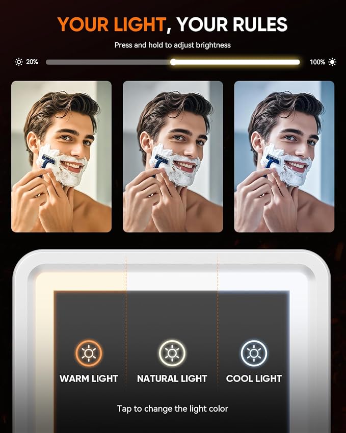 Heated Shower Mirror Fogless for Shaving (Gen 3) - 3 Colors Stepless Dimmable Lights, Anti-Fog Shaving Mirror with Razor Holder, No-Drilling, Removable - White - Image 5