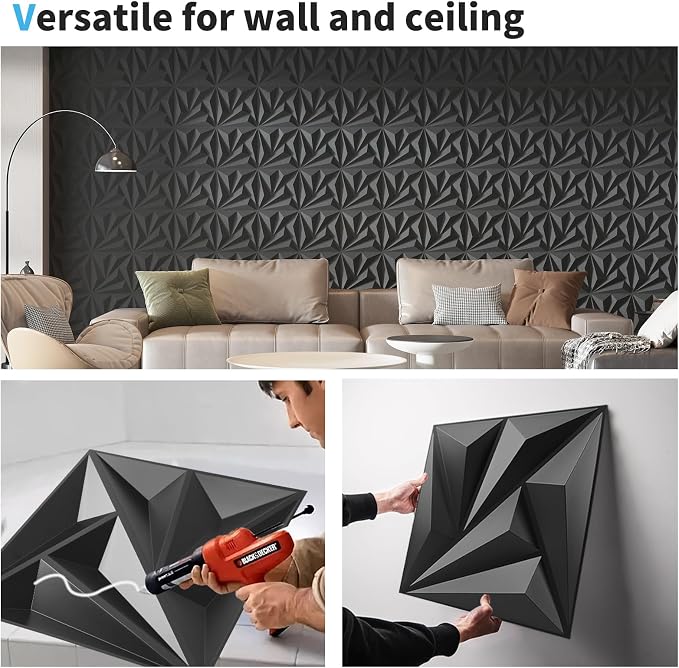 Art3d 20 Pack Decorative 3D Wall Panels 11.8 x 11.8 Inch Covering 19 Sq.ft - Glue Up PVC Wall Panels for Interior Décor, Living Room, Office and Home, Black - Image 8