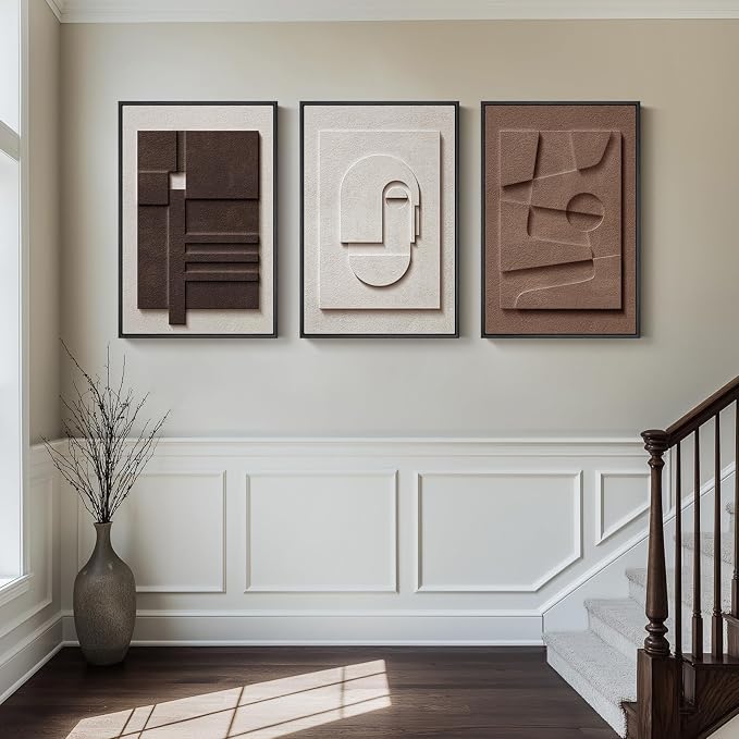 Large Framed 3D Wall Art for Living Room, Brown Abstract Art Wall Decor | Solid wood frame, Textured paintings, 3 piece 24x36 in, Modern artwork for walls, Neutral pictures wall decor bedroom office - Image 5