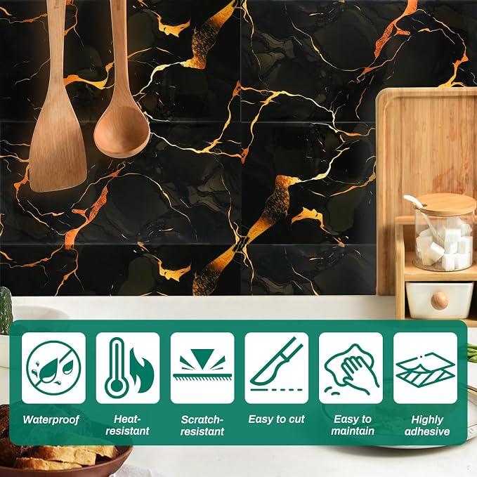 12pcs Black and Gold Peel and Stick Tiles, PVC Wall Panels for Backsplash | 23.6"x11.8", Waterproof, Renter-friendly Wall Tile for Kitchen, Bathroom, Shower, Laundry Room (Not Real Tile, Not for Floor) - Image 4