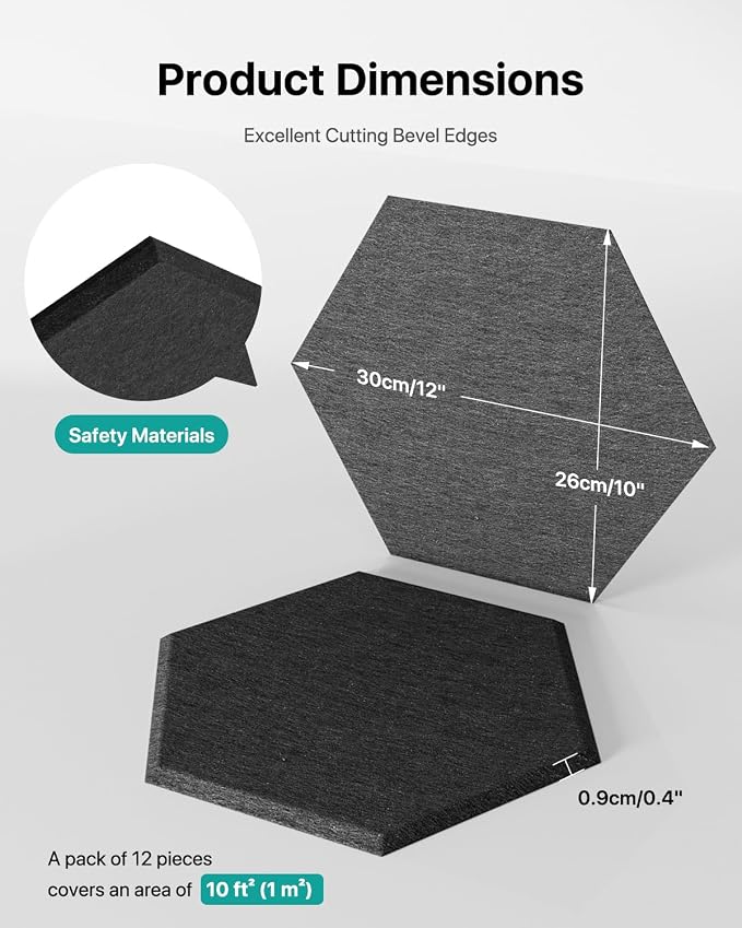 Soundsbay Hexagon Acoustic Panels, Self-Adhesive 18 Pack Sound Panels | 150kg/m³ High-Density Polyester, Covers 15 sq ft Soundproof Wall Panels for Walls, Office, Ceiling 12" X 10" Black - Image 5