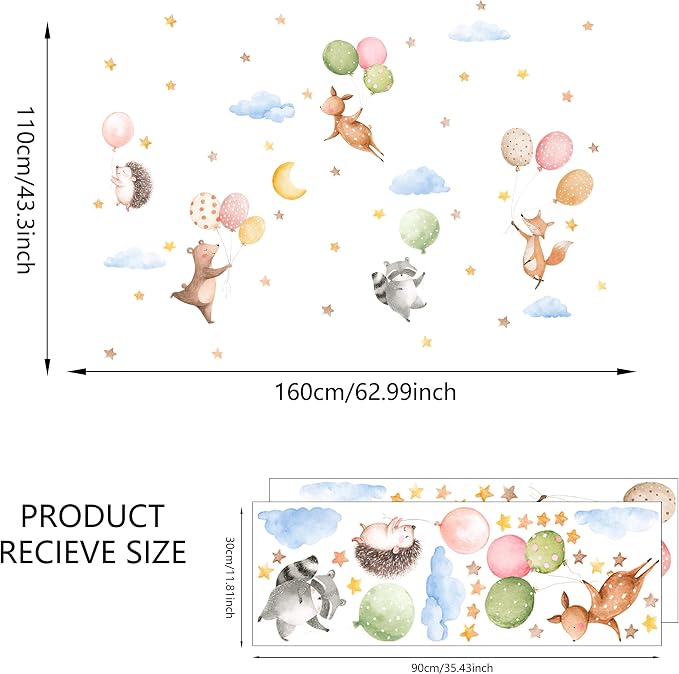 Watercolor Jungle Animal Wall Decal, Removable Nursery Woodland Animals,Cloud,Stars,Balloon Wall Stickers for Kids Boys and Girls Room, Bedroom & Toddler Room Decor (Balloon Animal Decals 84) - Image 2