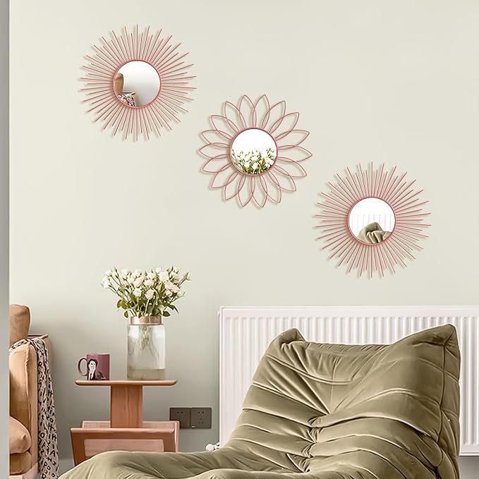 3 Pack Metal Mirrors for Wall Sunburst Wall Mirrors Home Décor Decorative Hanging Wall Art for Living Room Bedroom Entryway (Pink, Flower+Sunburst) - Image 4