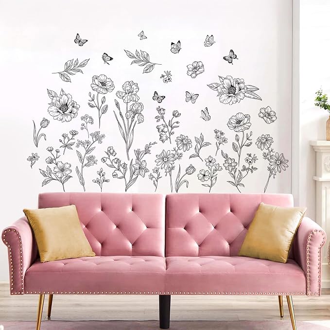 Large Boho Black Flower Wall Decals Wildflower Butterfly Simple Wall Stickers Removable Wall Art Decor for Living Room Bedroom Office - Image 3