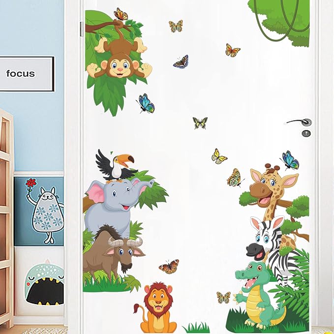 Supzone Jungle Animals Wall Stickers Forest Animals Wall Decal Elephant Monkey Giraffe Lion Wall Decor DIY Vinyl Mural Art for Kids Baby Nursery Bedroom Living Room Playroom - Image 3