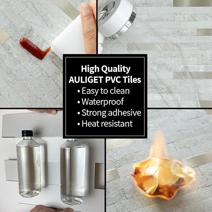 AULIGET 2 Sheets Faux Stone Peel and Stick Backsplash, Beige Stone Look PVC Wall Tile Stick on Backsplash for Kitchen and Bathroom - Image 6