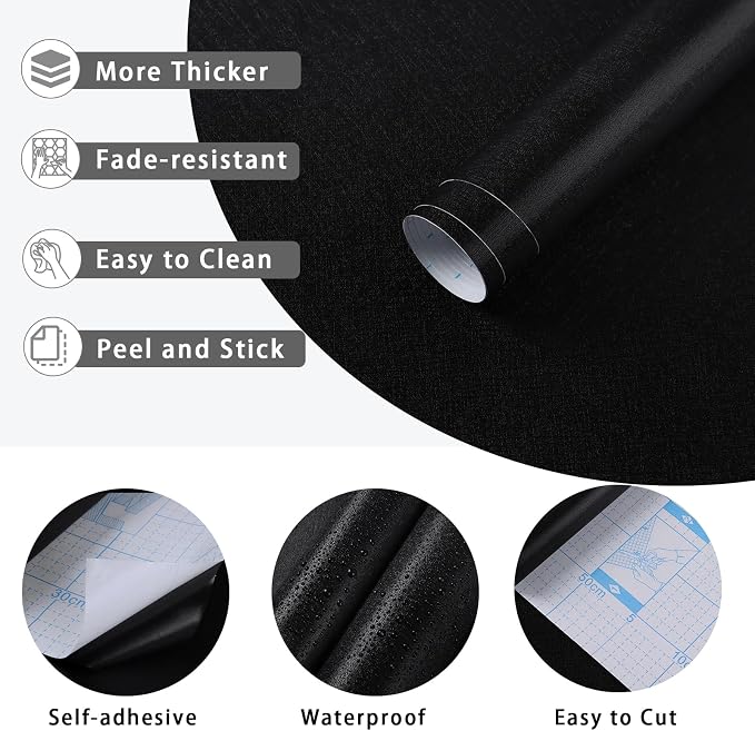Yasinet Peel and Stick Wallpaper Black Wallpaper Black Contact Paper Modern ThickeningWaterproof Self Adhesive Removable Wall Paper Deco for Wall Bedroom Covering Countertop Cabinet Vinyl 17.7" x118" - Image 2
