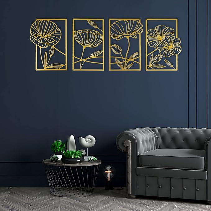 ESTART 4Pcs Metal Lotus Wall Decor Abstract Floral Line Art Sculpture | Minimalist Wall Decor for Bedroom Flowers Hanging Wall Sculpture for Living Room Kitchen Office and Yoga Room (Gold) by ESTART