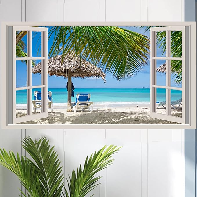 Beach Wall Sticker 3D Fake Windows Wall Stickers Beach Seascape Walls Decals Removable 3D Ocean Walls Decal Blue Sea Landscape Palm Tree Art Mural Vinyl Stickers for Bedroom Living Room Decoration by kokolap
