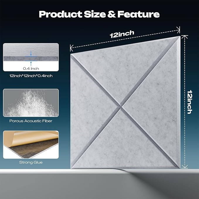 Sonicism 12 Pack X-Lined Acoustic Panels with Self-Adhesive, 12"X 12"X 0.4" Sound Proof Foam Panels, Decorative Soundproof Wall Panels, Sound Absorbing Tile for Home & Offices, Silver Gray - Image 2