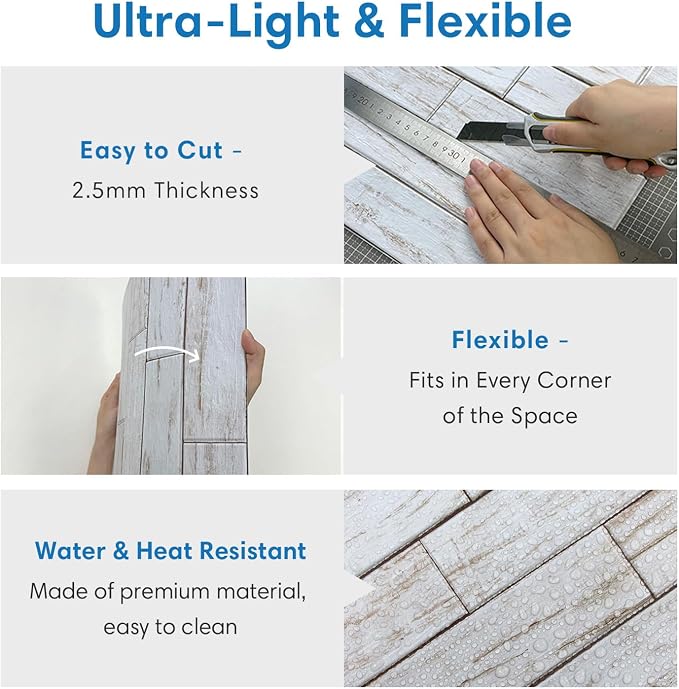 COMSTICKC 3D Faux Wood Wall Sticker Shiplap Peel and Stick, Not Real Wood | 10 Pcs 11.8" x 11.8", Lightweight Self-Adhesive Fake Wood Wall Panels Covering for Quick DIY Wall Upgrades, Cover 9.7 sq ft - Image 4