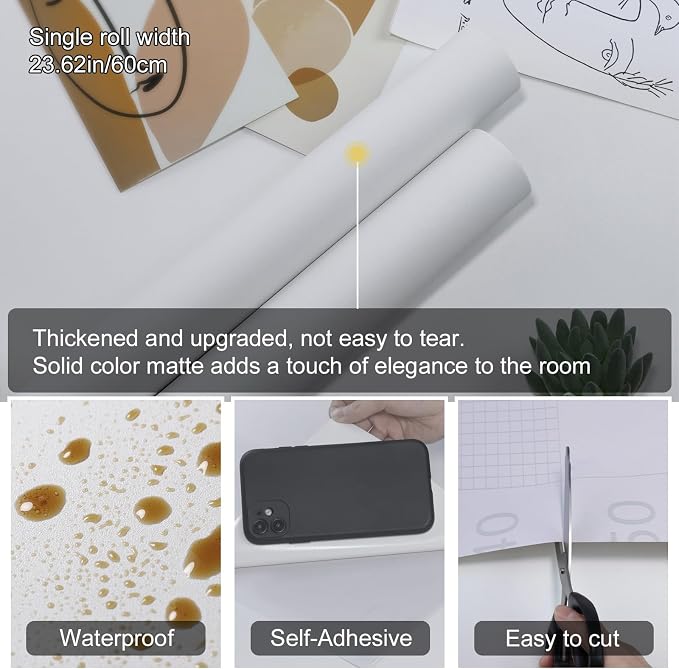 White Peel and Stick Wallpaper Solid White Contact Paper A Set of 23.6"x472" Matte Self Adhesive Waterproof Vinyl Roll for Wall Coverings,Cabinets,Countertops,Bedroom,Kitchen - Image 2