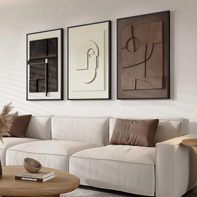 3D Textured Framed Abstract Wall Art Set, 3 Piece Modern Artwork, 16x24 In | Solid Wood Frames, Sandstone Textured Paintings, Black White Brown Sculptural Pictures Wall Decor Living Room Bedroom Office by Cuspin