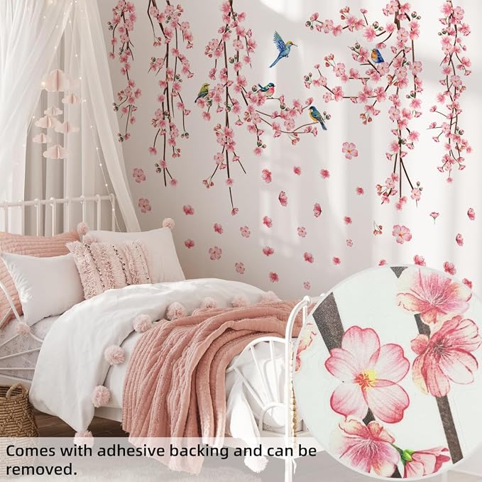9 Sheets Cherry Blossom Decor Wall Decals Peel and Stick Pink Room Decor for Girls Bedroom Large Removable Wall Stickers & Murals Vinyl Car Decals for Women Living Room Office Vine Bird Art Clings - Image 6