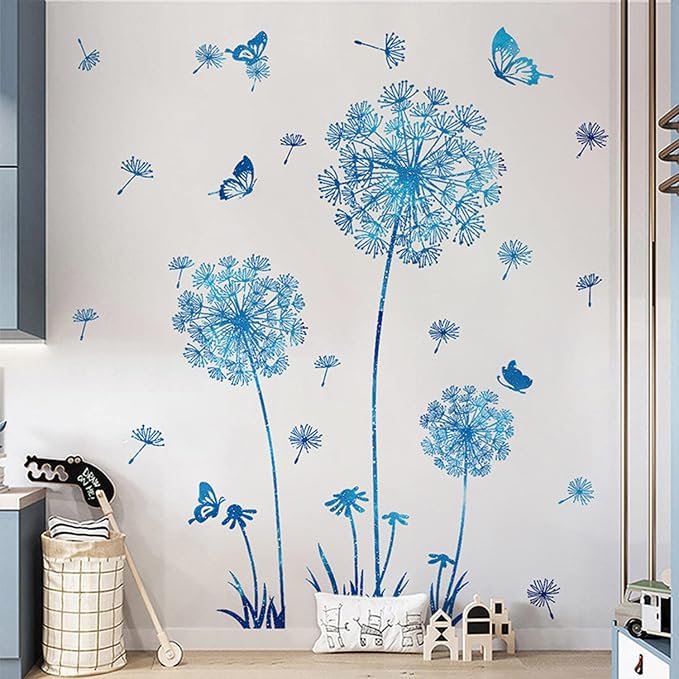 Arawat Dandelion Flower Stickers Blue Butterflies Wall Decor for Bedroom Office Bathroom Living Room Floral Wall Decal Removable Peel and Stick Room Decor - Image 4