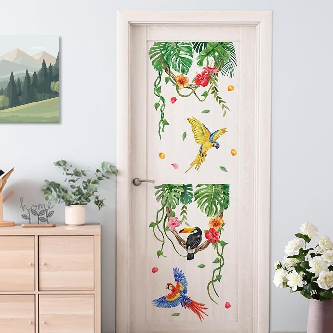Yovkky Tropical Plant Birds Wall Decals Stickers, Monstera Palm Leaves | Parrot Toucan Home Bedroom Decor, Hanging Vines Hibiscus Flower Living Room Kitchen Decorations Art - Image 5