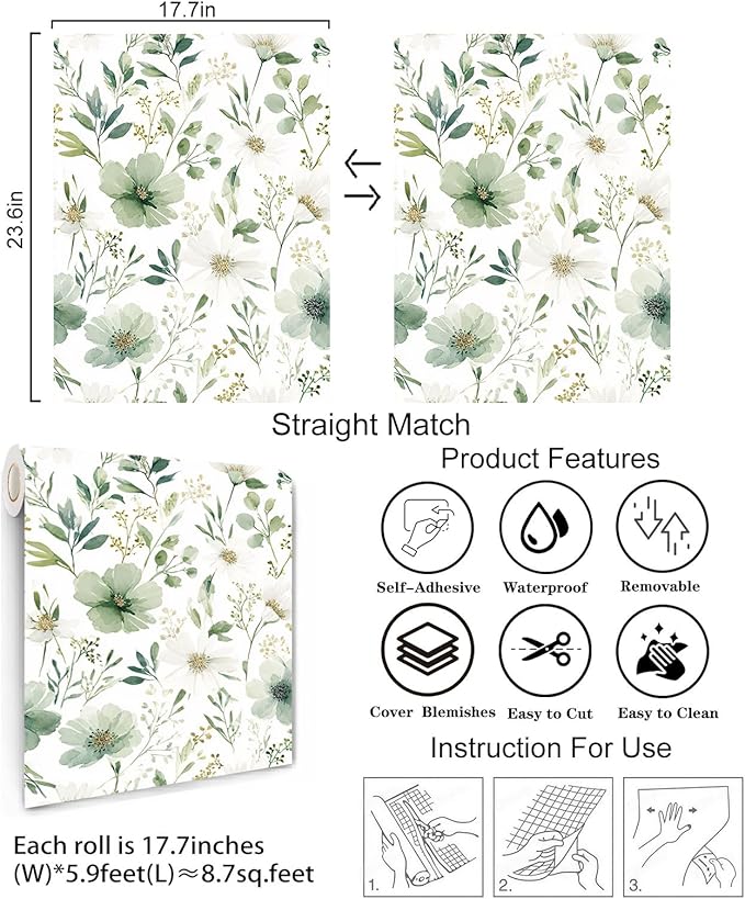 Sage Green Floral Peel and Stick Wallpaper 17.7" x 70.8" | Thick removable watercolor natural flower design for renters and bedroom accent walls - Image 4