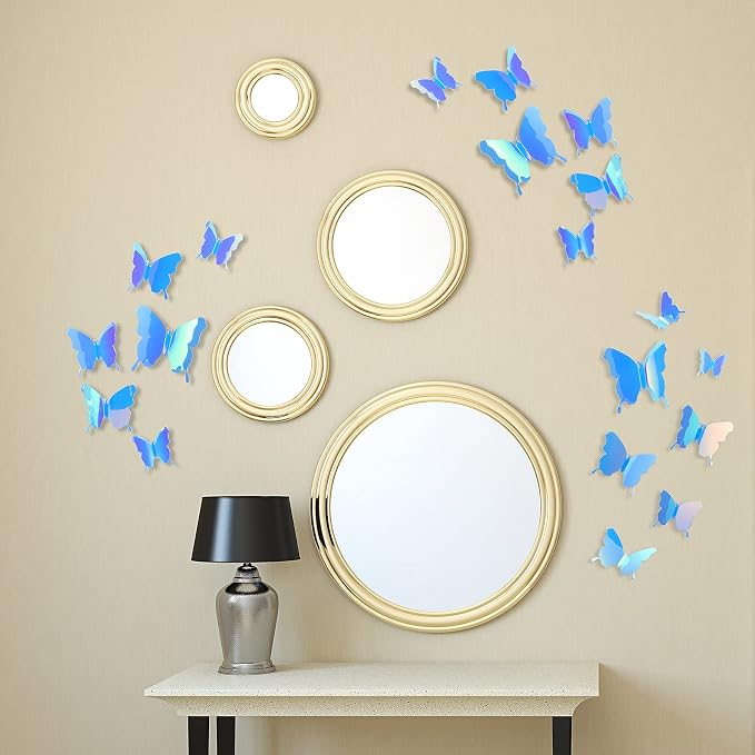 BBTO 48 Pcs 3D Butterfly Mirror Wall Decor,Blue | Butterfly Stickers,3 Sizes,for Birthday Party Cake,Room Nursery Bathroom Wall Decor,Removable Peel Stick,Reflective - Image 3