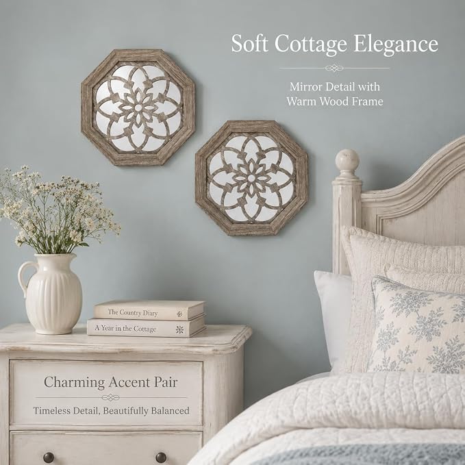 2 Pack 12 Inch Octagon Brown Rustic Wood Frame Acrylic Wall Mirrors, Farmhouse Boho Wall Art Decor for Living Room, Bedroom, Hallway, Entryway, Bathroom & Office - Image 8