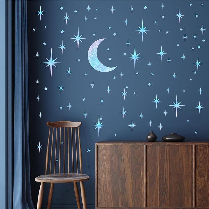 Retro Star Moon Wall Decals Sparkle Art Stickers Mid Century Modern Decor | Blue star and moon decor, peel and stick, removable vinyl art murals wallpaper, for ceiling baby boy girl bedroom living room - Image 6