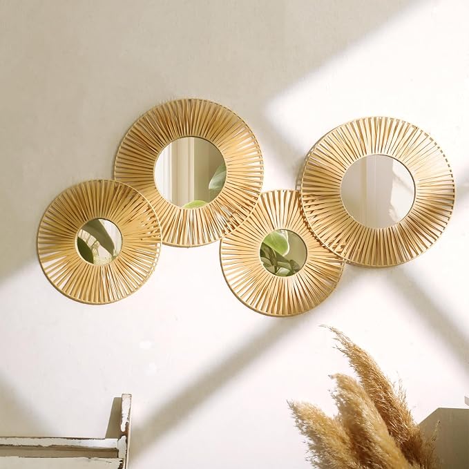 Artilady Hanging Baskets Wall Art with Mirror, 4Pcs Boho Wicker Wall Decor by Artilady