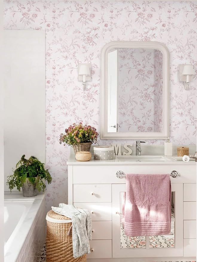 Ismoon Floral Wallpaper Peel and Stick Pink Stick on Wall Paper Vintage French Contact Paper for Cabinet Textured Removable Self Adhesive Wallpaper Vinyl Roll Shelf Deco, 17.3x393in - Image 5