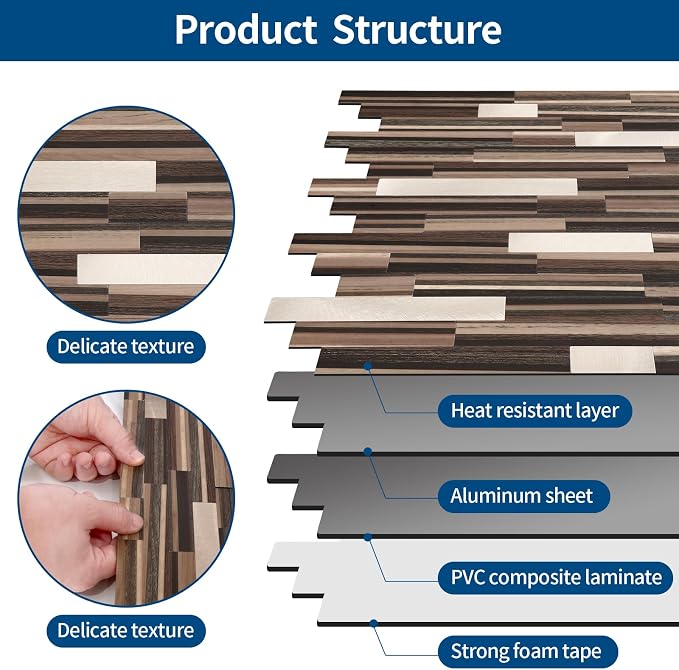 Yipscazo 1 Sheet Peel and Stick Stone Metal Tile Backsplash, Stick on Tiles for Backsplash Kitchen, Bathroom, Laundry Room, Camper, Fireplace (12'' X 12'', Brown Wood) - Image 6