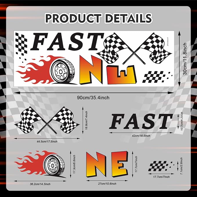 LHIUEM Fast One Birthday Racing Decal Race Car Fast 1st Birthdays Wall Decor Little Boy Birthday for Backdrop Gift Stickers Wheels Car Speed ONE Inspiration Quote Decals for Centerpieces Baby Party - Image 7