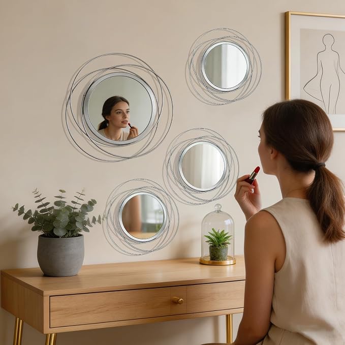 4 Piece Gold Round Wall Mirror Set Modern Metal Circles for Home Decor - Image 3