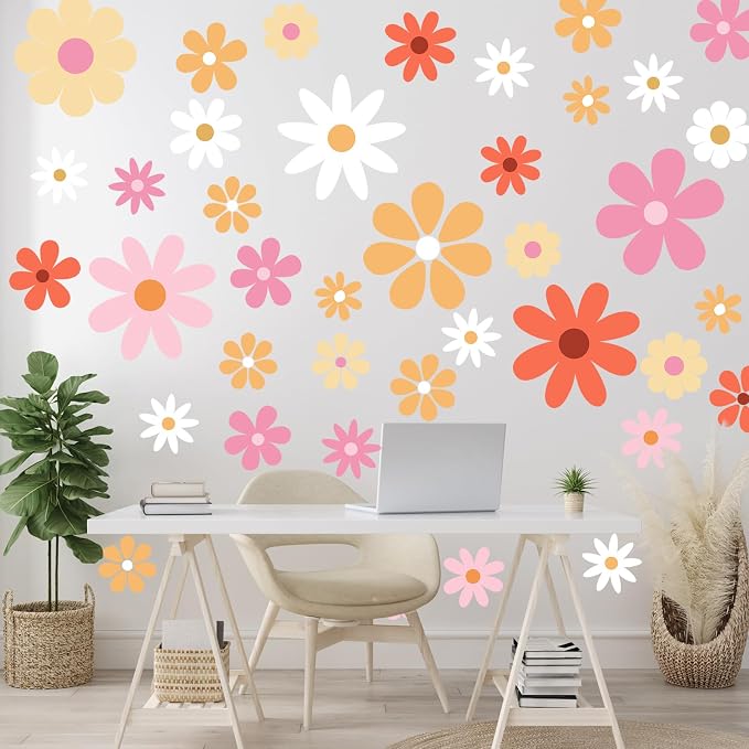 TaoBary 12 Sheet Big Daisy Wall Sticker Decal Flower Wall Decal Removable | Large Flower Wall Sticker, Floral Decal, Daisy Bedroom Room Decor, Pink Orange White Peel and Stick, Nursery Home Wall Decor - Image 3