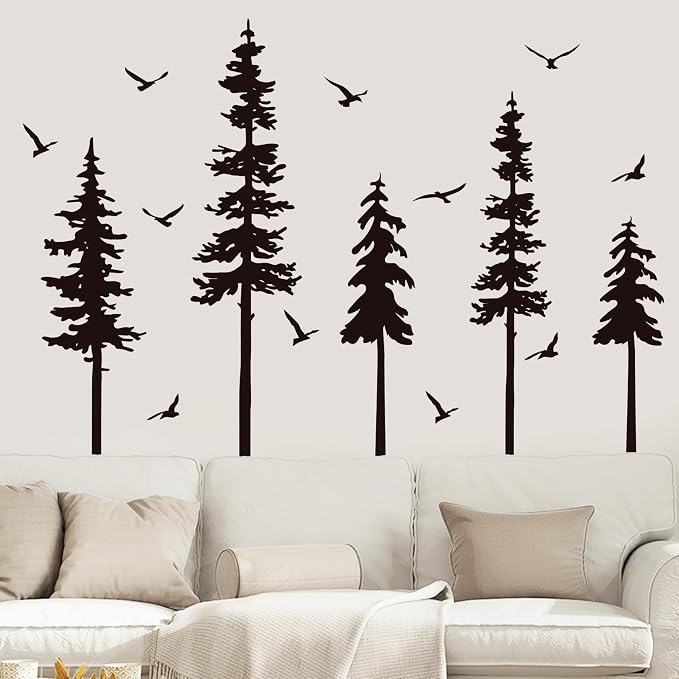 Large Pine Trees Wall Decals Black Forest Wall Stickers Christmas Decoration Wallpaper Woodland Animal Birds Mural Decals Peel and Stick Vinyl Wall Art Stickers for Bedroom - Image 7