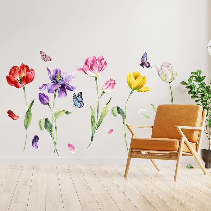 Zonon 6 Pcs Flower Wall Decals Peel and Stick Sticker, Tulip | Vinyl Removable Wall Stickers & Murals, Watercolor Tulip Wall Decals, Colorful Floral Decor for Bedroom, Living Room, Nursery - Image 3