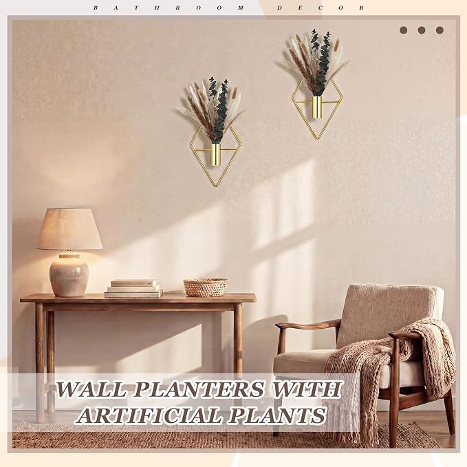 Jexine 4 Pcs Hanging Artificial Planters Wall Decor, Golden, Pampas | Bathroom Wall Decor, Geometric Metal Vase, Indoor Plants, Living Room, Home Office, Entryway, Boho Accent, Wall Mounted - Image 4